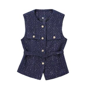 Chic Navy Tweed Belted Vest