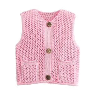 Rosy Lattice Knit Button-Front Vest